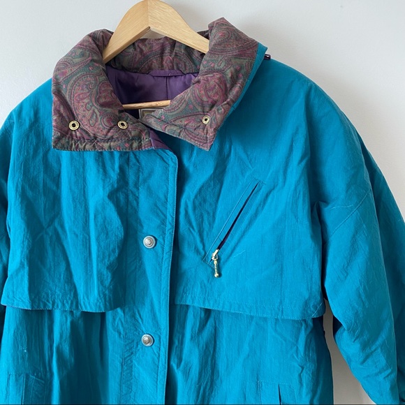Vintage Long Trench Winter Jacket Teal and Purple with waist tie and zipper - Picture 5 of 15